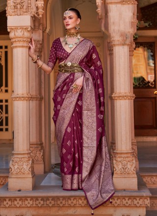 Burgundy Woven Banarasi Silk Contemporary Saree