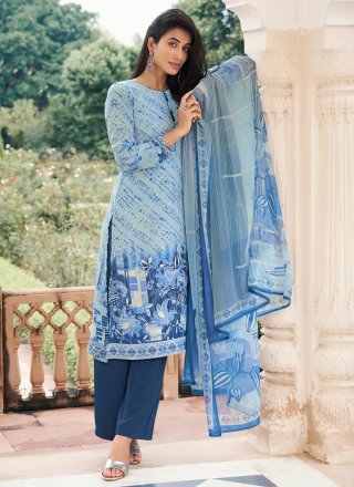 Capricious Aqua Blue Faux Crepe Pakistani Salwar Suit with Digital Print Work