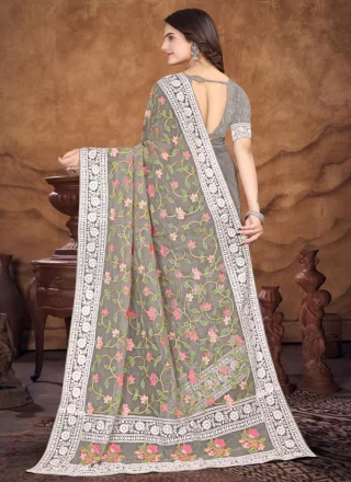 Grey Organza Embroidered and Resham Work Contemporary Sari