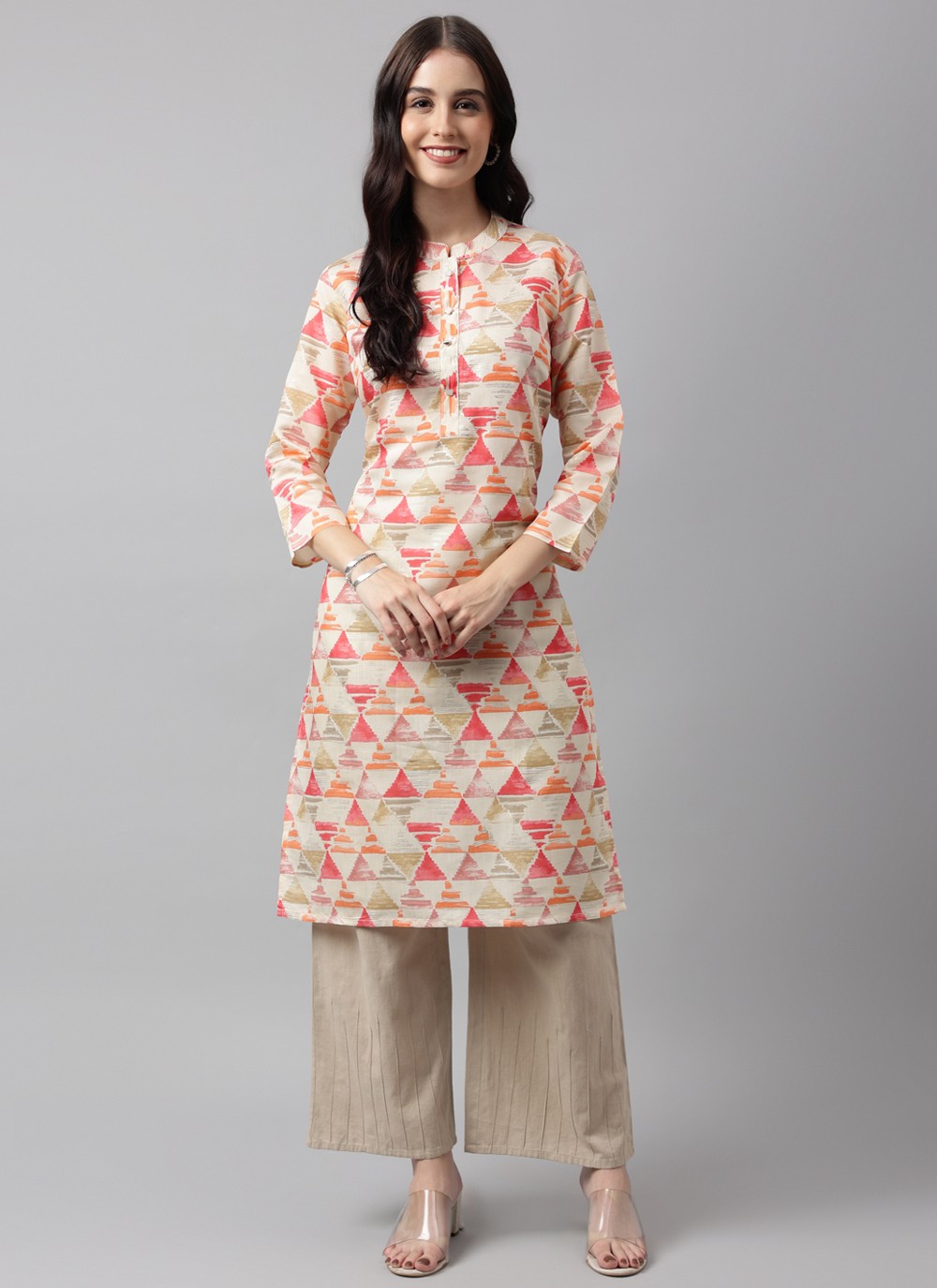 Chanderi Foil Print Party Wear Kurti in Beige and Red