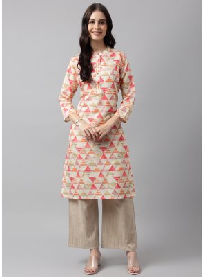 Chanderi Foil Print Party Wear Kurti in Beige and Red