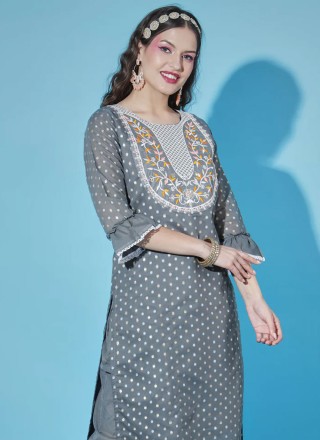 Chanderi Grey Embroidered Designer Salwar Suit