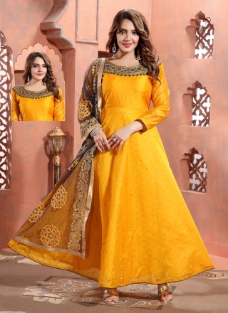 Chanderi Handwork Floor Length Gown in Yellow
