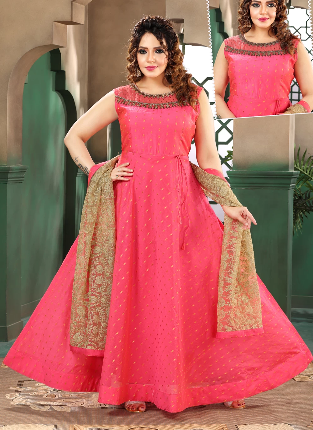Chanderi Handwork Pink Trendy Gown