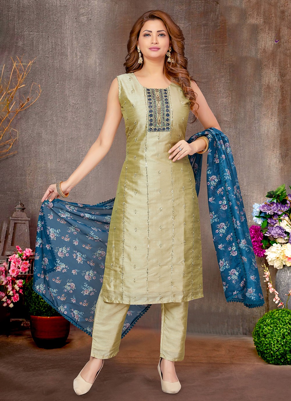 Buy Golden Yellow Printed Chanderi Palazzo Suit with Embroidery