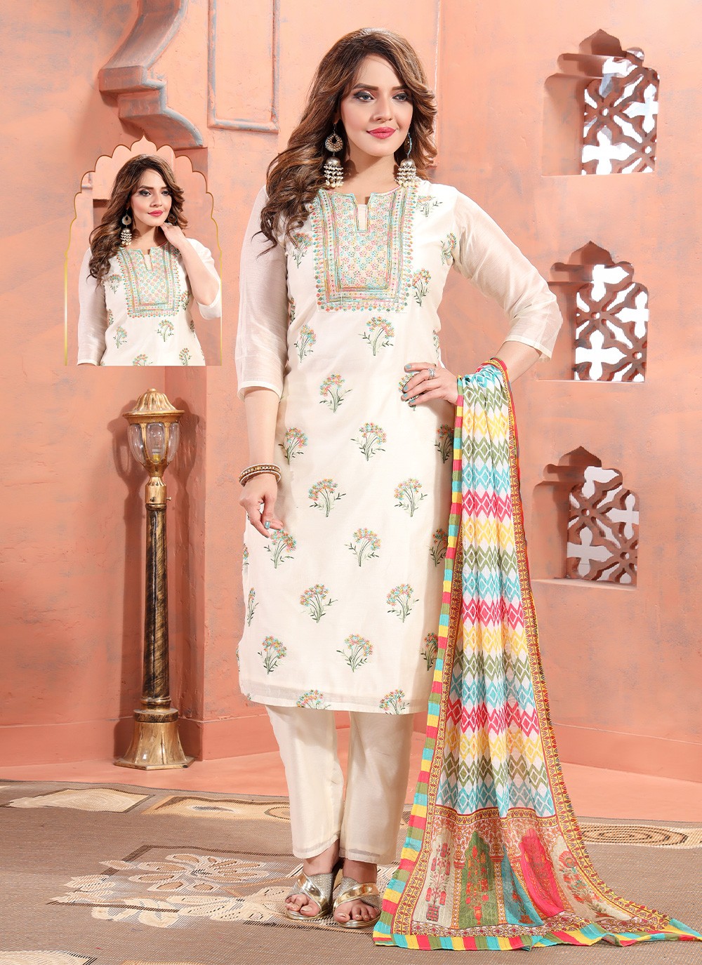 Chanderi Silk Embroidered Cream Trendy Suit