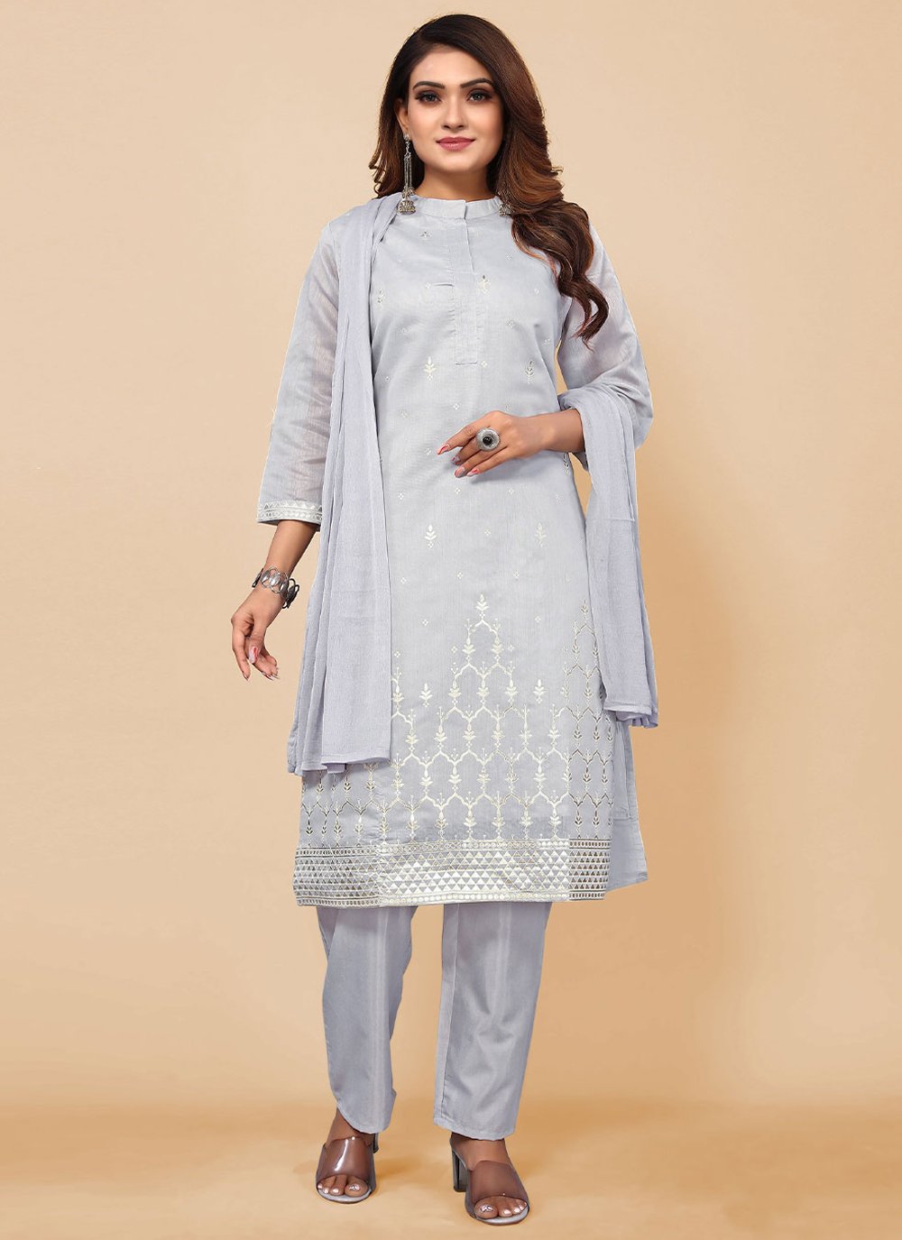 Chanderi Silk Embroidered Salwar Suit in Grey