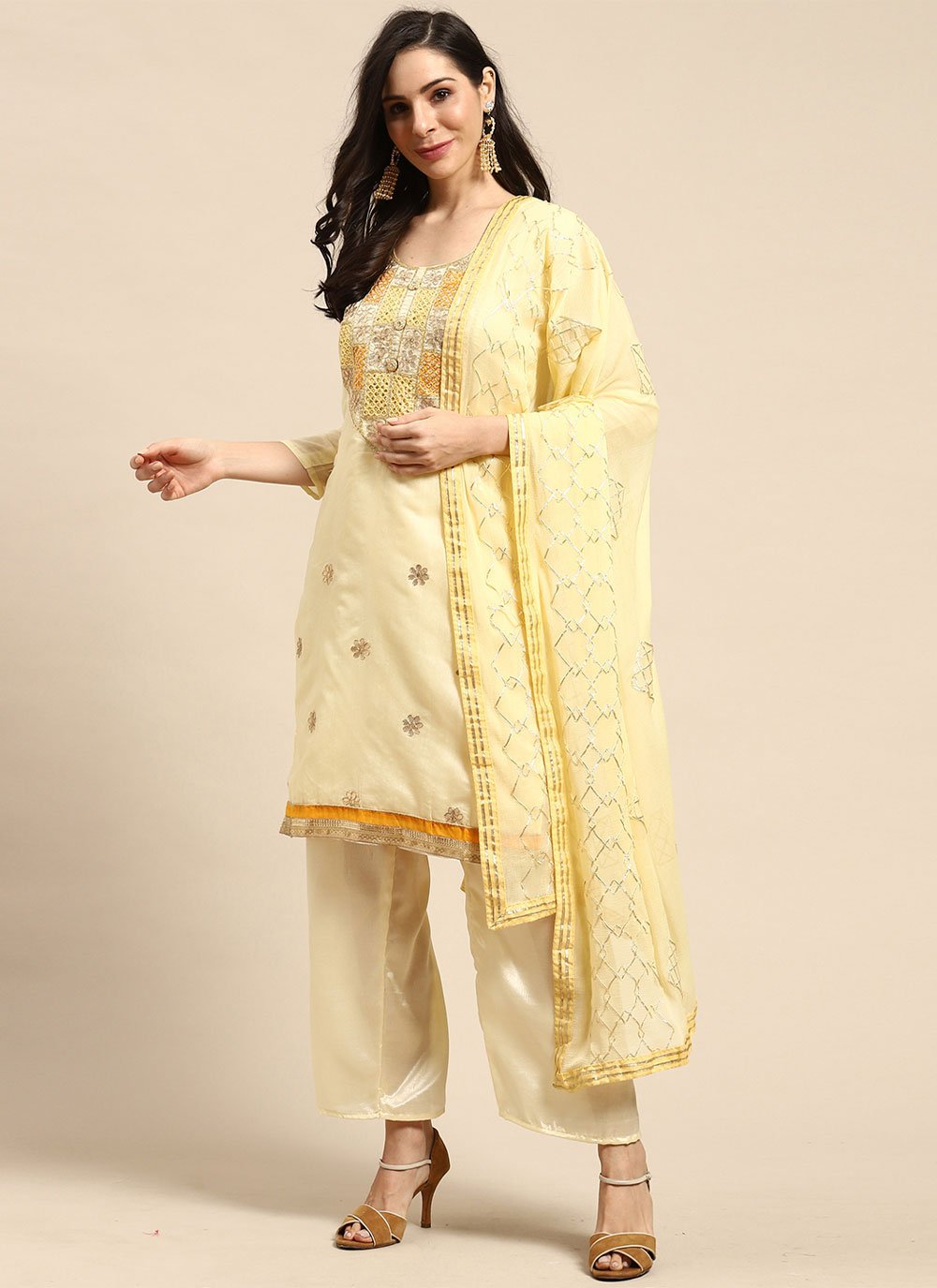 Chanderi Silk Embroidered Salwar Suit in Yellow