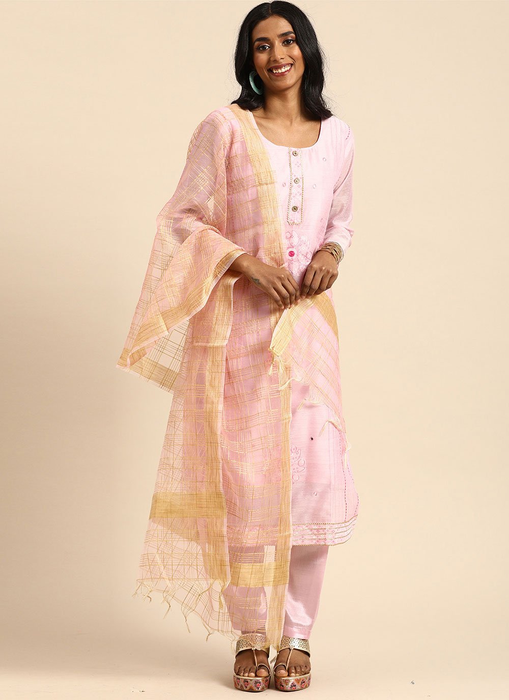 Chanderi Silk Rose Pink Straight Salwar Suit