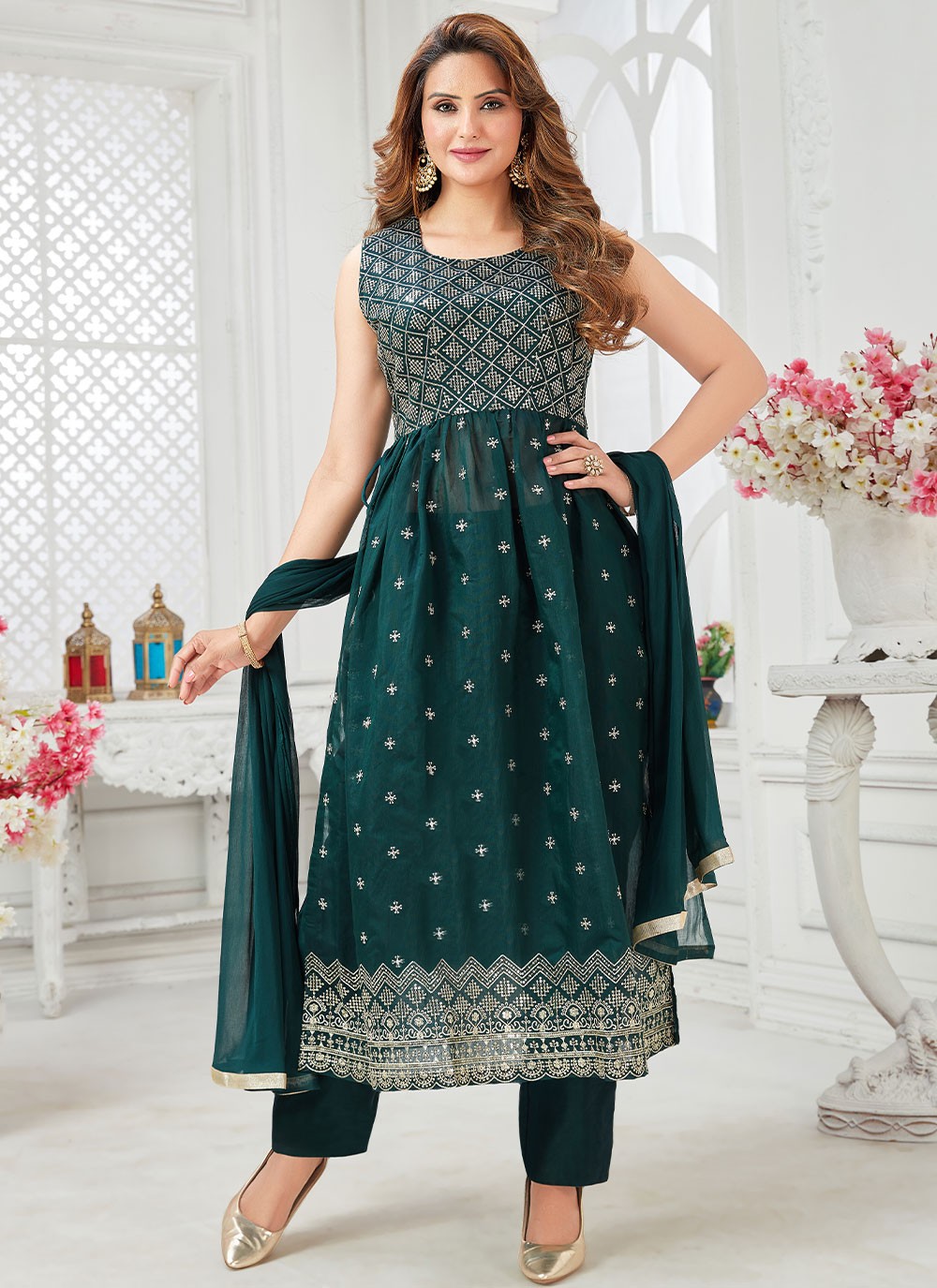 Chanderi Silk Sequins Teal Trendy Salwar Kameez