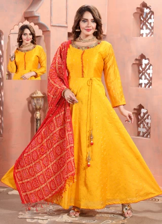 Chanderi Yellow Handwork Designer Gown