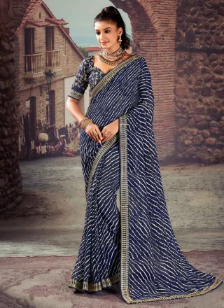 Cherubic Blue Georgette Trendy Saree with Patch Border and Embroidered Work