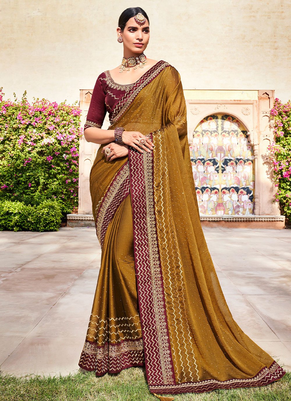 Printed,lace border Georgette Saree in Brown with Blouse - SR24620