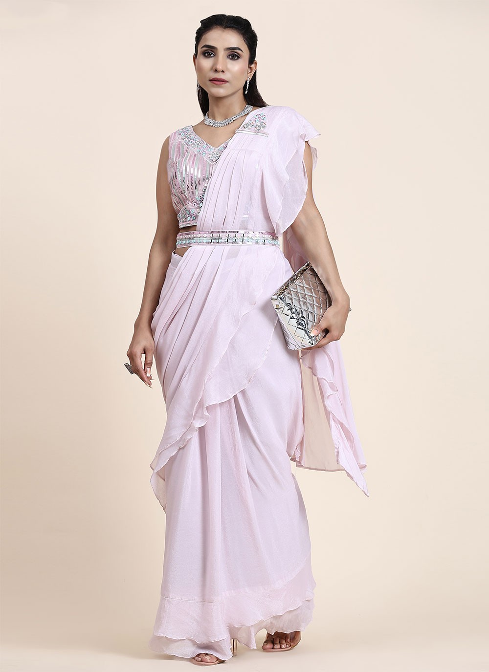 Buy Pink Crepe Bottom Embroidery Sequin Helix Embellished Saree Gown For  Women by Two Sisters By Gyans Online at Aza Fashions.