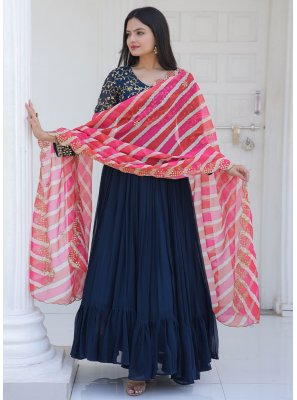 Chiffon Navy Blue Trendy Gown