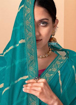 Chiffon Printed Turquoise Designer Saree