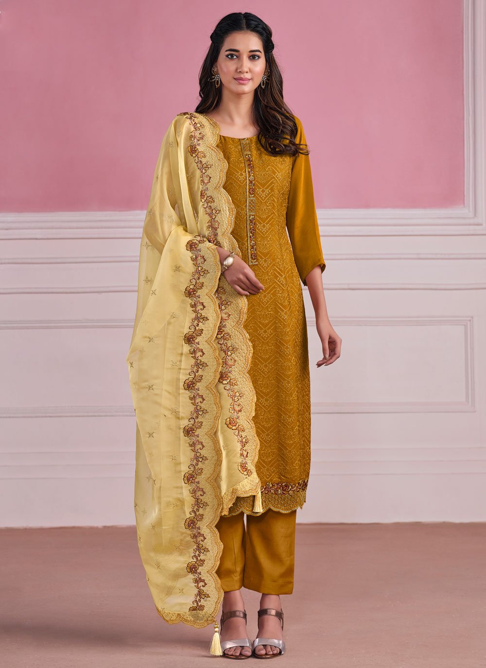 Chiffon Salwar Suit In Mustard