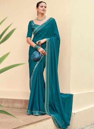 Solid Color Satin Chiffon Saree in Rama Blue - Ucchal Fashion