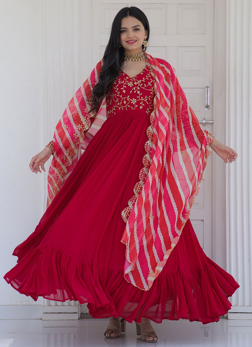 Chiffon Zari Floor Length Gown