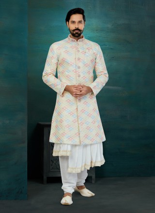 Chikankari Work Art Silk Indo Western Sherwani in Cream and Multi Colour