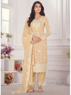 Chinon Cream Embroidered Long Length Salwar Suit