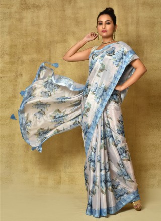Chinon Digital Print Cream Classic Designer Saree