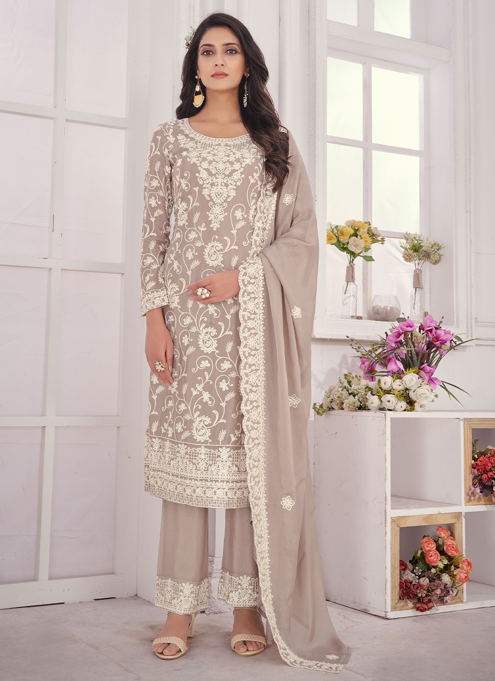 Chinon Embroidered Beige Straight Salwar Suit