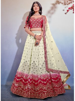 Chinon Embroidered Off White and Red Lehenga Choli