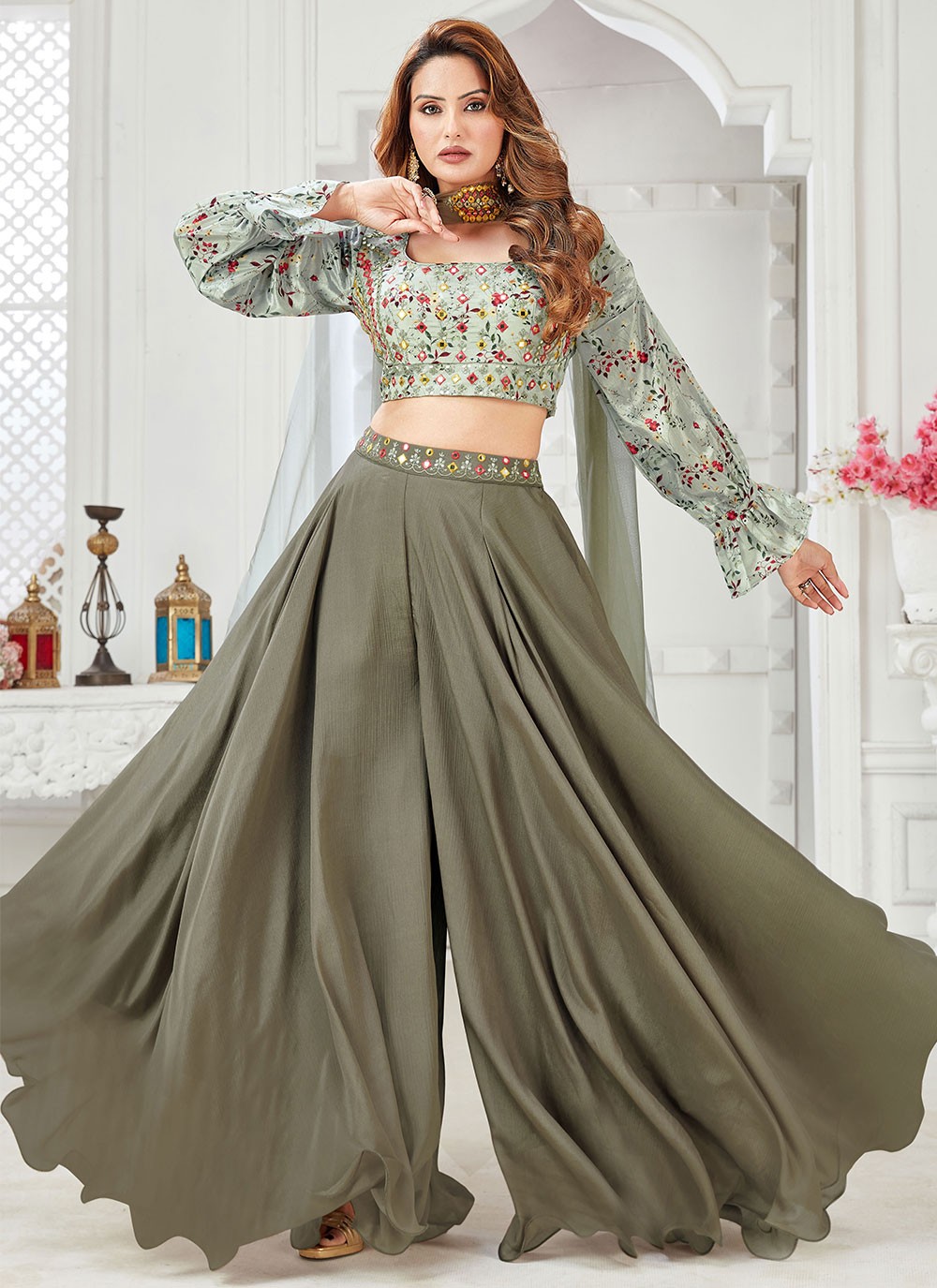 Chinon Embroidered Palazzo Salwar Suit in Grey