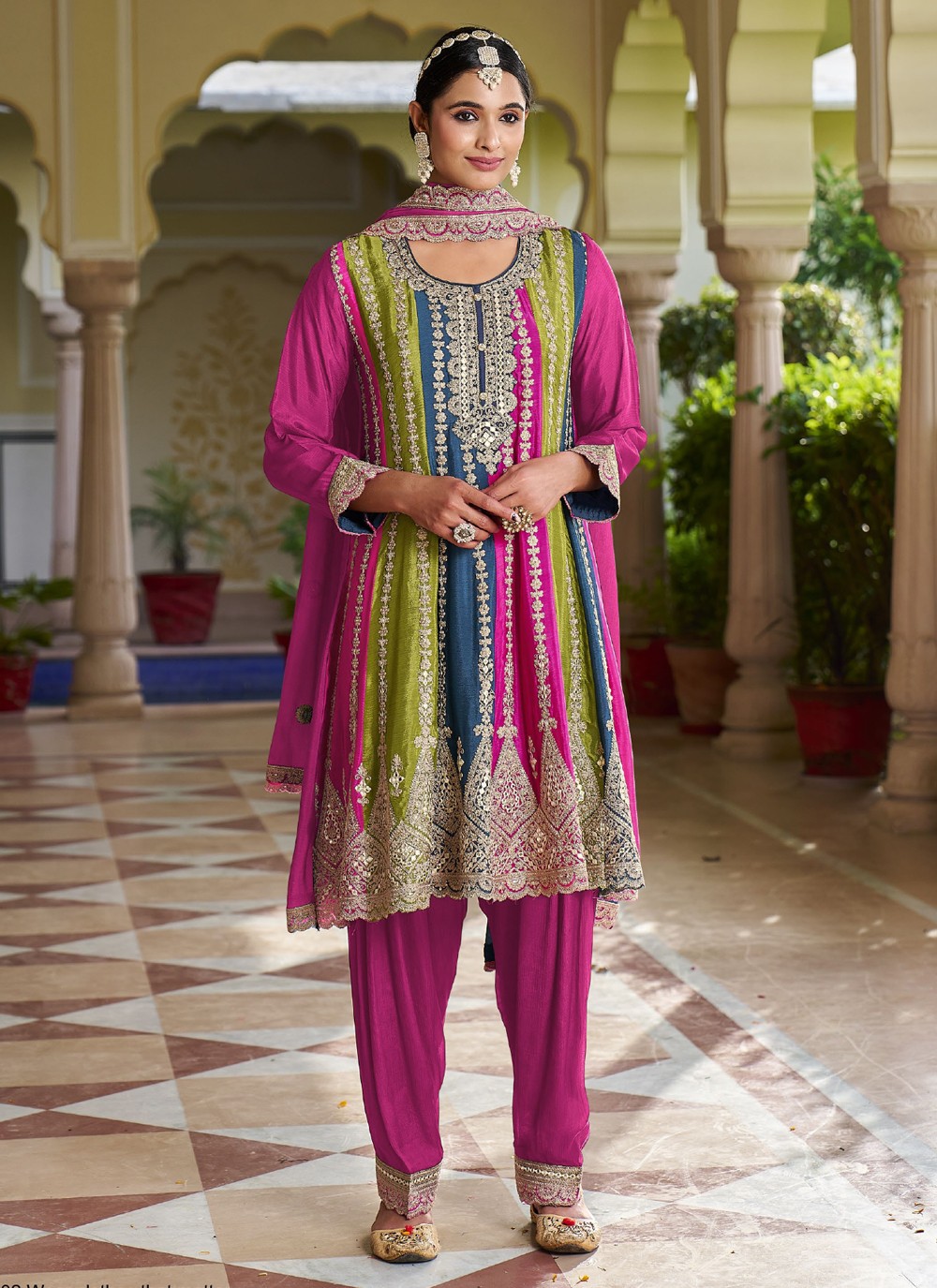 Chinon Embroidered Pink Designer Salwar Suit