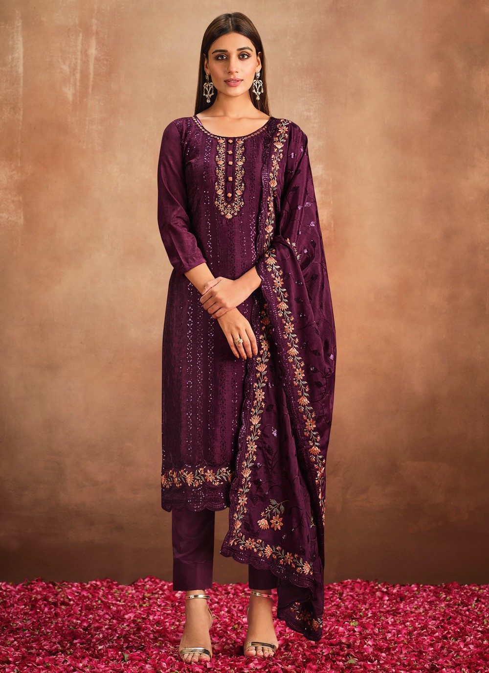 Chinon Embroidered Purple Salwar Suit