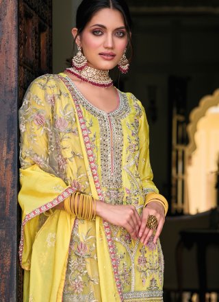 Chinon Embroidered Readymade Salwar Kameez in Yellow
