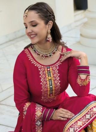Chinon Embroidered Trendy Salwar Kameez in Red