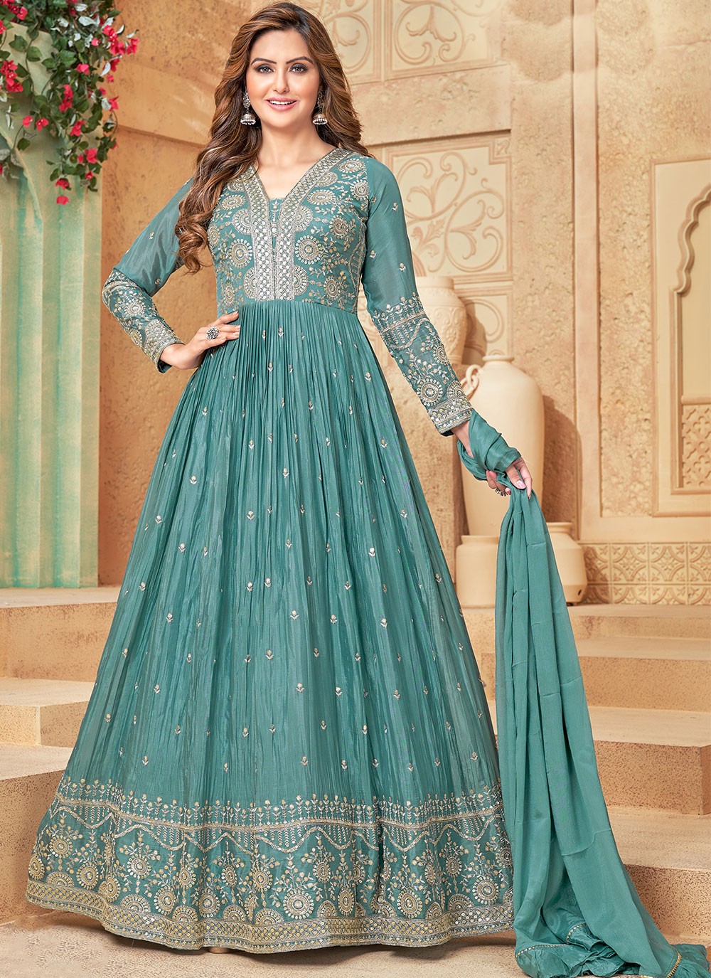 Chinon Embroidered Turquoise Floor Length Gown