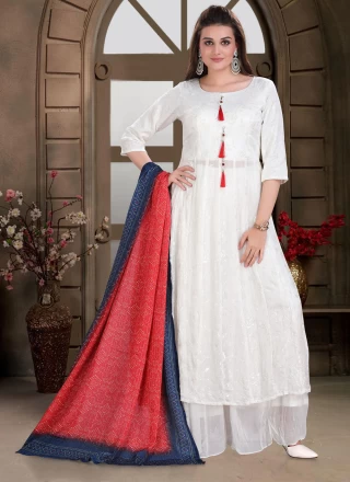 Chinon Embroidered White Readymade Salwar Suit