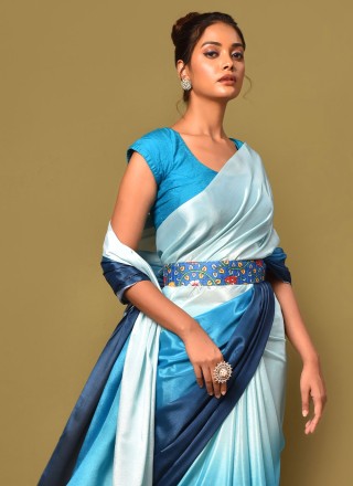 Chinon Plain Aqua Blue Designer Saree
