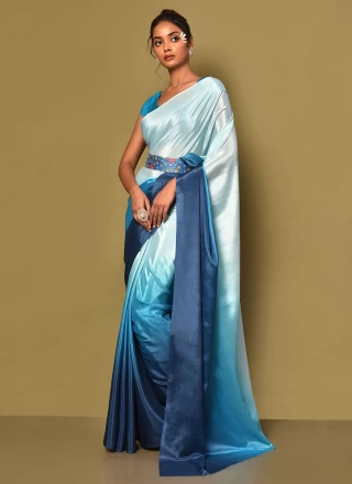 Chinon Plain Aqua Blue Designer Saree