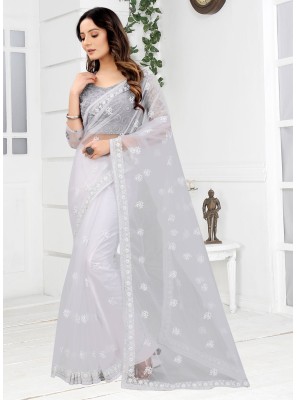 Classic Saree Embroidered Net in White