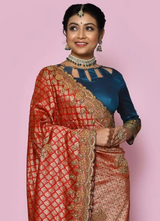 Classic Saree Handwork Kanjivaram Silk in Navy Blue and Red