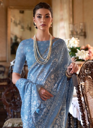 Classic Saree Printed Cotton in Aqua Blue