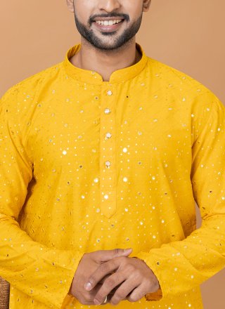 Classy Yellow Cotton Kurta Pyjama with Embroidered and Sequins Work