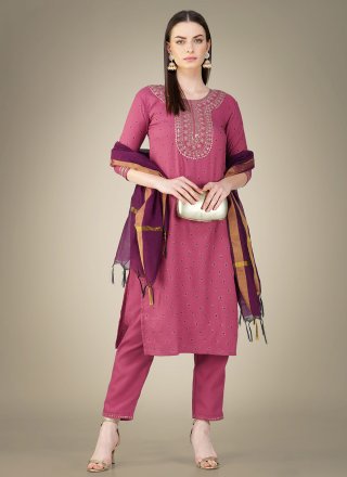 Congenial Pink Cotton Salwar Suit with Embroidered and Sequins Work
