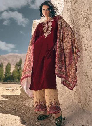 Conspicuous Maroon Velvet Pakistani Salwar Suit with Embroidered Work