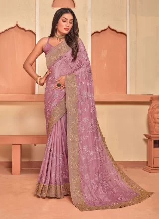 Contemporary Saree Embroidered Crepe Silk in Pink