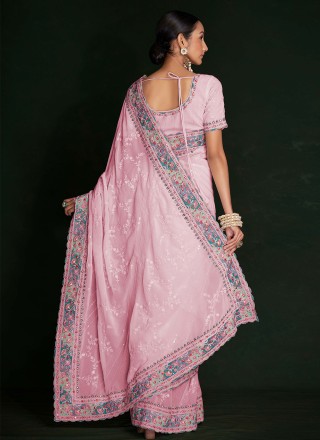 Contemporary Saree Lucknowi work Georgette in Pink