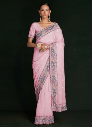 Contemporary Saree Lucknowi work Georgette in Pink