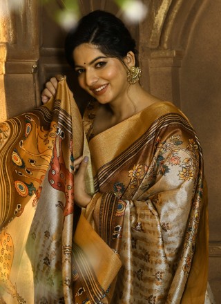 Contemporary Saree Printed Tussar Silk in Yellow