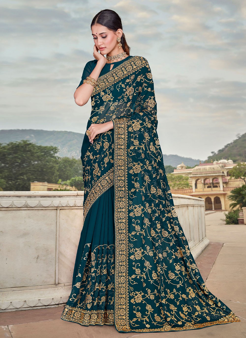 Georgette with Zari Embroidery work fancy Saree collection at best rate