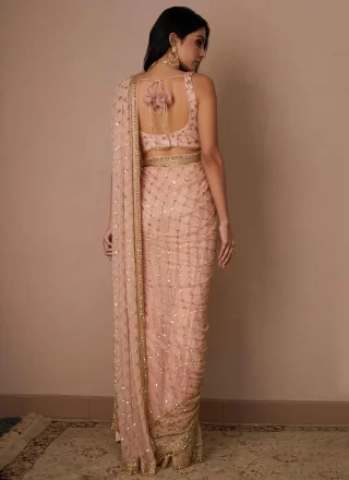 Cord and Embroidered Work Net Classic Sari In Pink