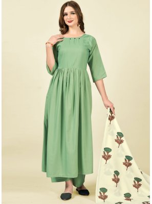 Cotton Anarkali Salwar Suit in Green